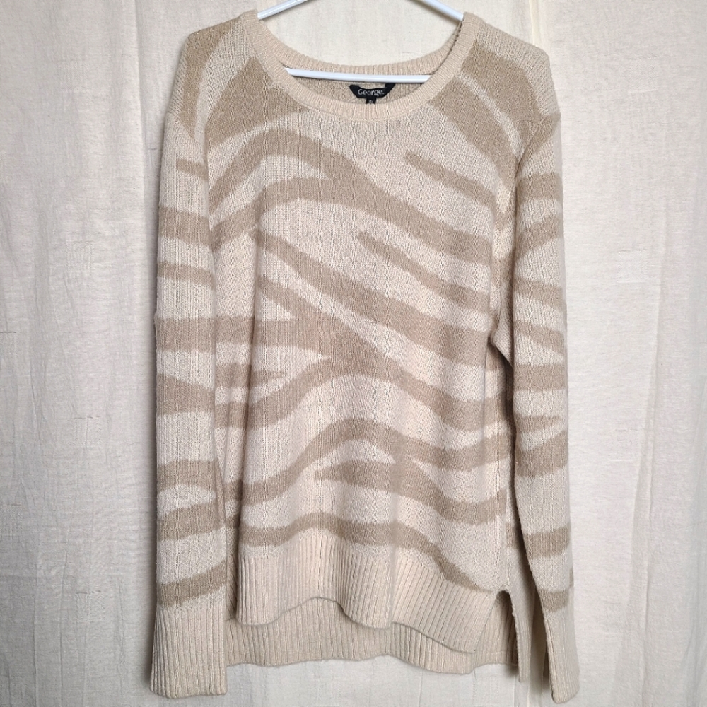 George Women's XL Knit Sweater Cream Tan Tiger Zebra Animal Print NWT